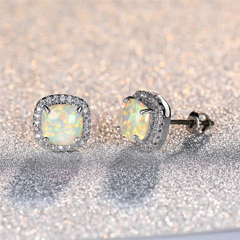 Elegant Round Fire White Opal Stud Earrings