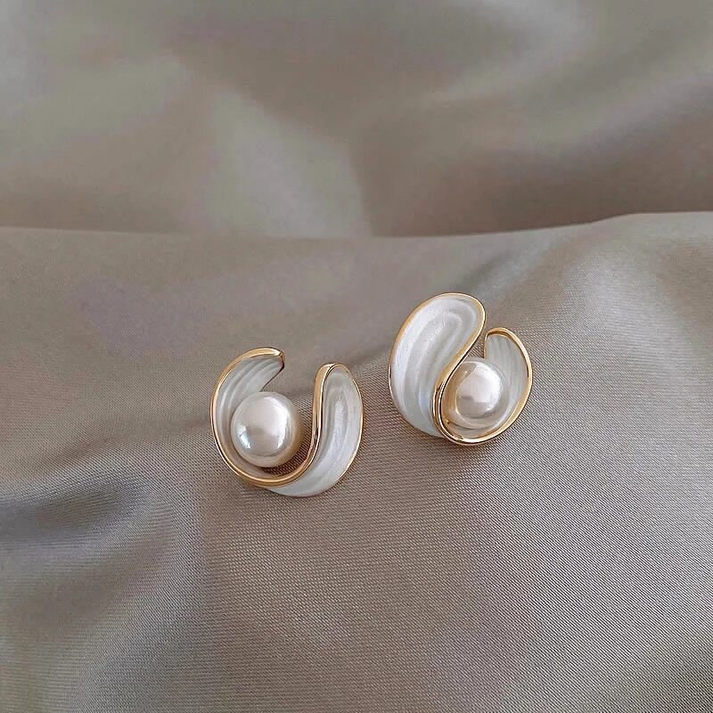 Gold Pearl and White Enamel Earrings