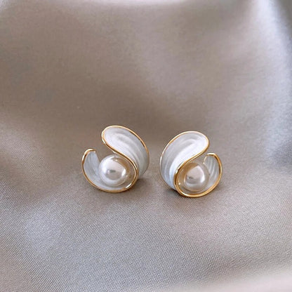Gold Pearl and White Enamel Earrings