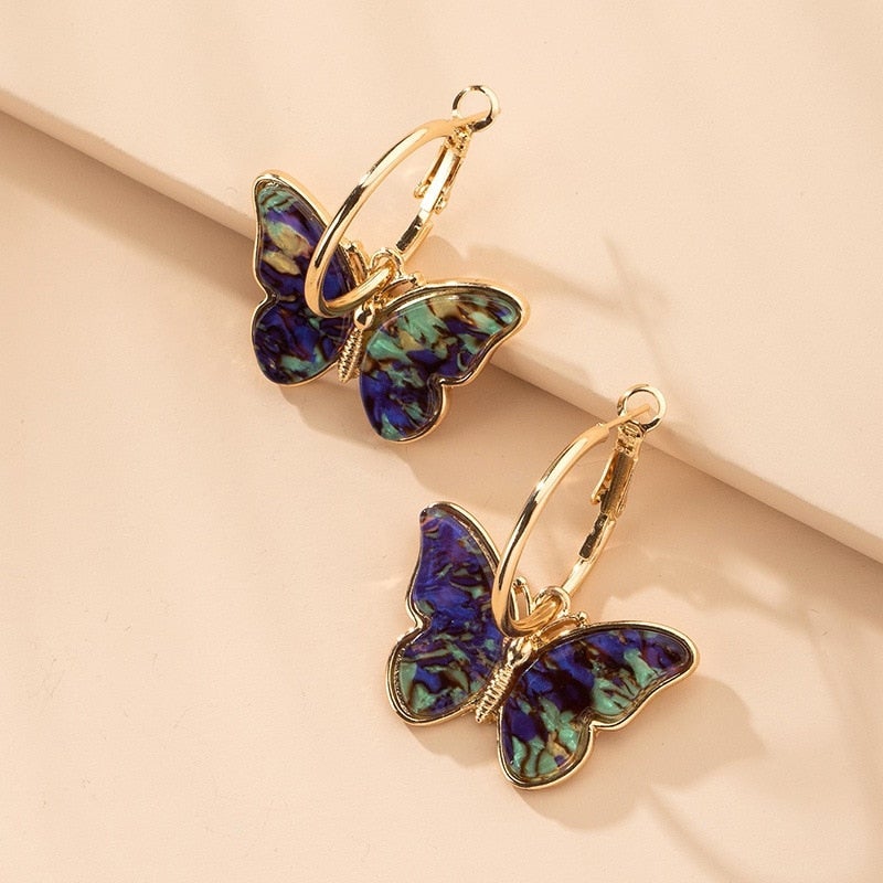 Multicoloured Butterfly Hoop Earrings in Gold